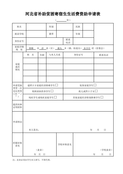 河北省补助贫困寄宿生生活费资助申请表