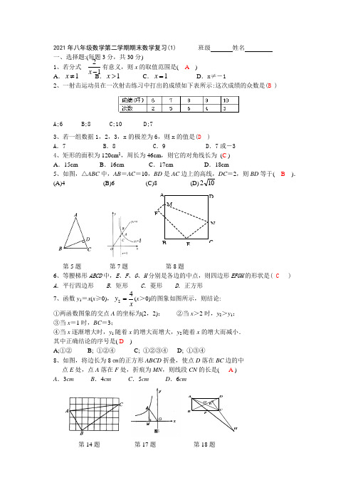 新人教版初二数学下册期末数学复习题及答案(1)