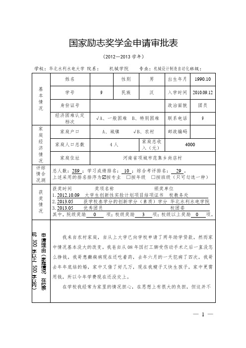 国家励志奖学金申请表