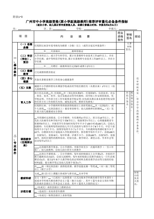 中小学高级教师资格推荐评审量化评价条件赋分指标 (小学、幼儿园)