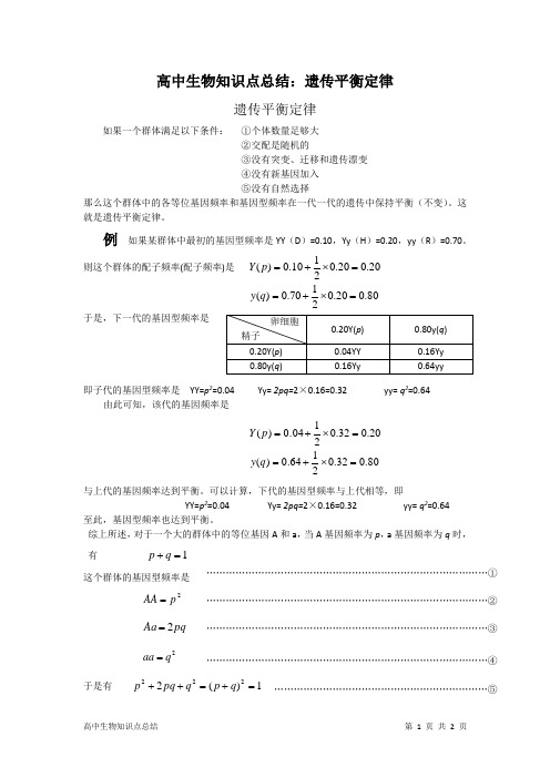 高中生物知识点总结：遗传平衡定律