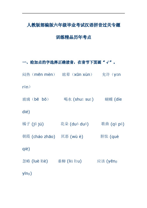 小学六年级语文下册小升初毕业考试分类复习资料题试卷汉语拼音选择题专练