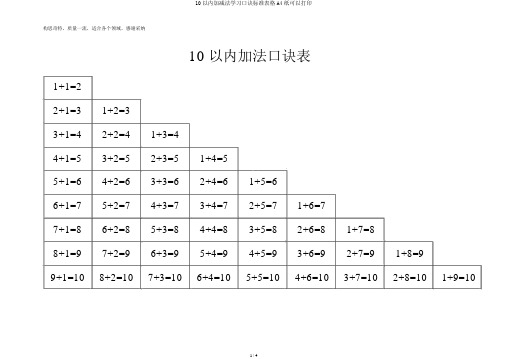 10以内加减法学习口诀标准表格A4纸可以打印