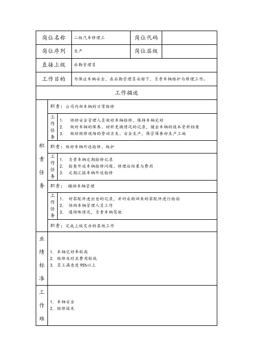 二级汽车修理工--维护业务类职责岗位说明书