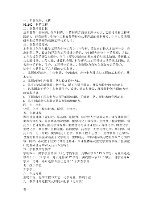 制药工程人才培养计划