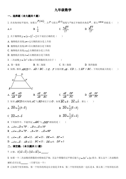 2023年黄浦区 九年级初三一模数学试卷(含标准答案)