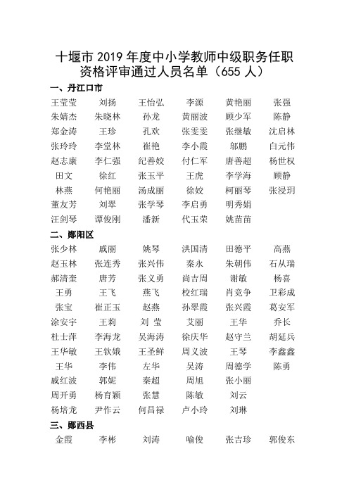 十堰市2019年度中小学教师中级职务任职