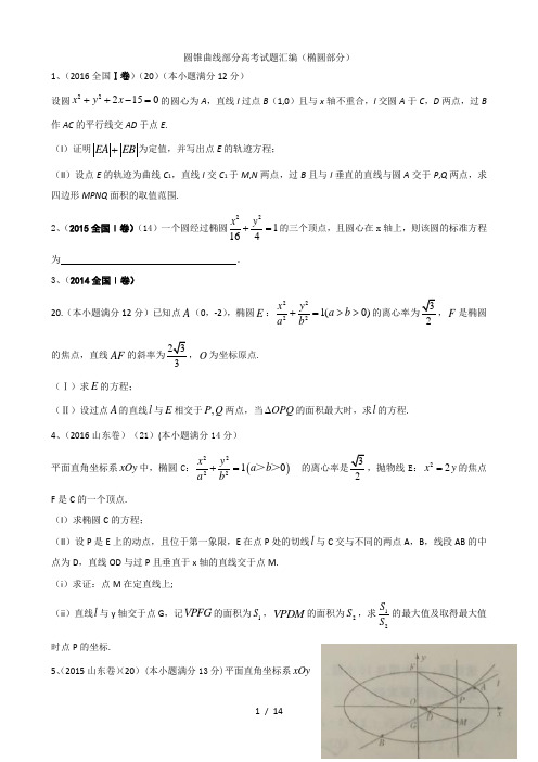 2014-2016年全国一卷圆锥曲线高考题汇编含标准答案