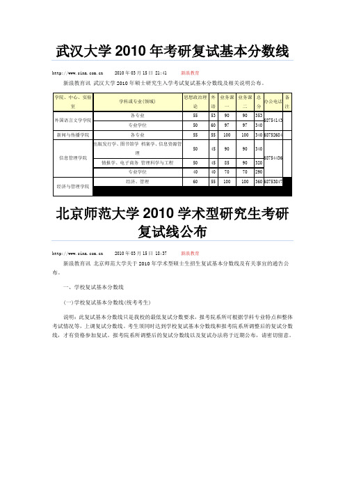 2010年考研复试基本分数线