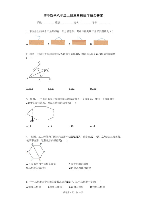 初中数学八年级上册三角形练习题含答案