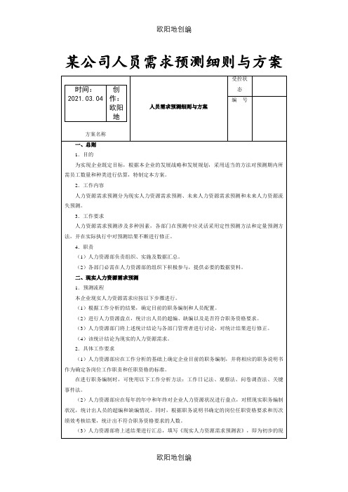 某公司人力资源需求预测细则与方案之欧阳地创编