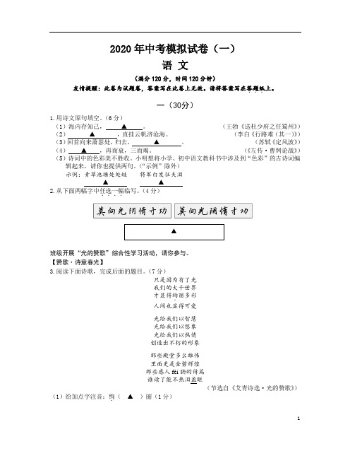 江苏省南京联合体(雨花、江宁、浦口、栖霞)2020届九年级中考一模语文试题含答案