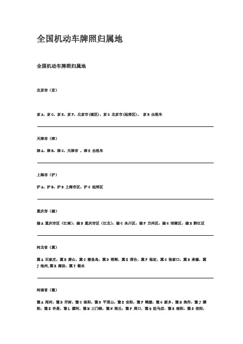 全国机动车牌照归属地