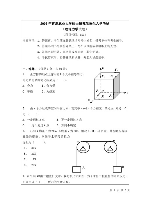 青岛农业大学理论力学考研真题2009—2014(缺2012)