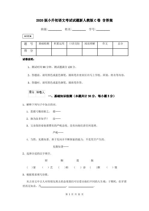 2020版小升初语文考试试题新人教版C卷 含答案