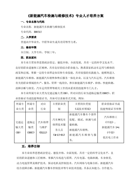 《新能源汽车检测与维修技术》专业人才培养方案