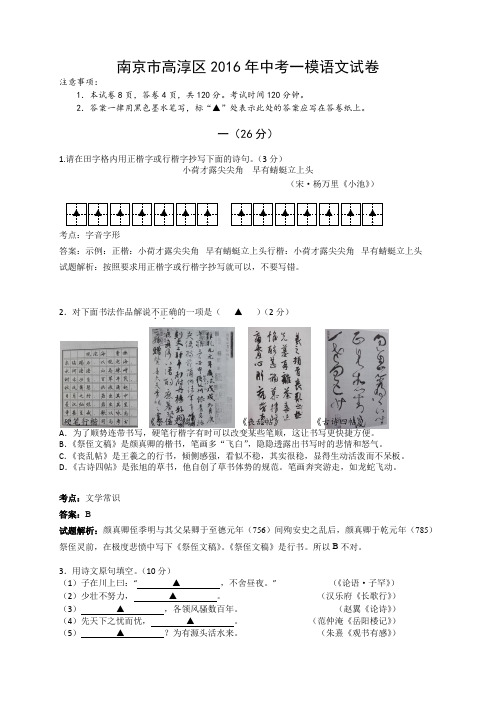 江苏省南京市高淳区2016届九年级中考一模语文试题(解析版)