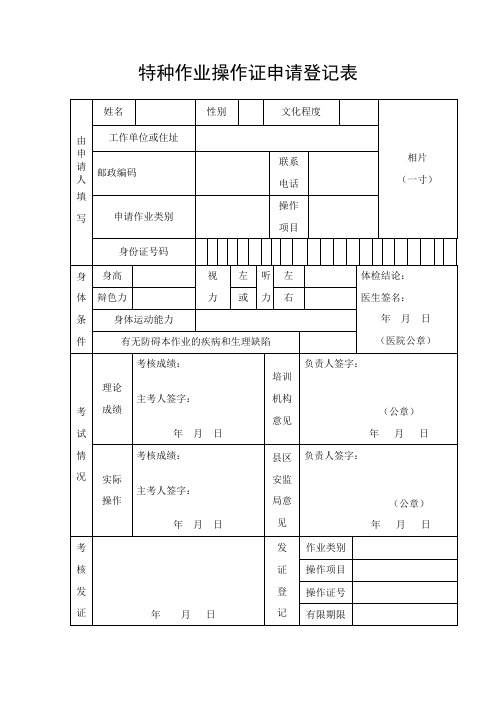 特种作业操作证申请登记表