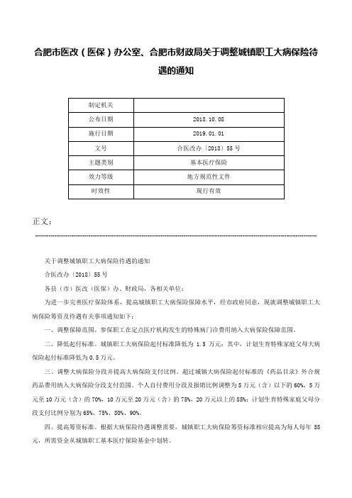 合肥市医改（医保）办公室、合肥市财政局关于调整城镇职工大病保险待遇的通知-合医改办〔2018〕55号