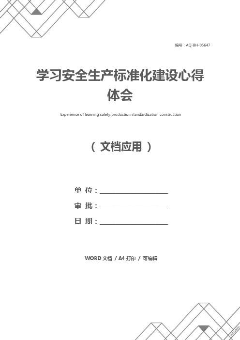 学习安全生产标准化建设心得体会