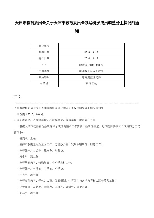 天津市教育委员会关于天津市教育委员会领导班子成员调整分工情况的通知-津教委[2010]140号