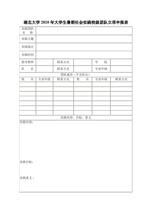 湖北大学2010年大学生暑期社会实践校级团队立项申报表