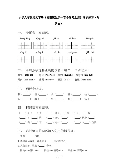 小学六年级语文下册《真理诞生于一百个问号之后》同步练习(附答案)