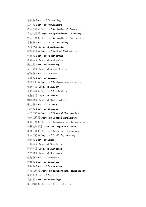 大学系别名称中英文对照