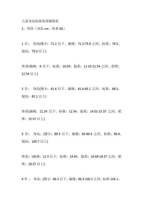 儿童身高标准体重胸围表