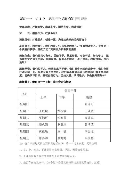 高一(1)班值日表 2