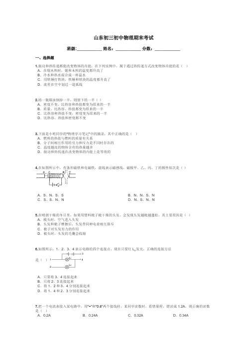 山东初三初中物理期末考试带答案解析
