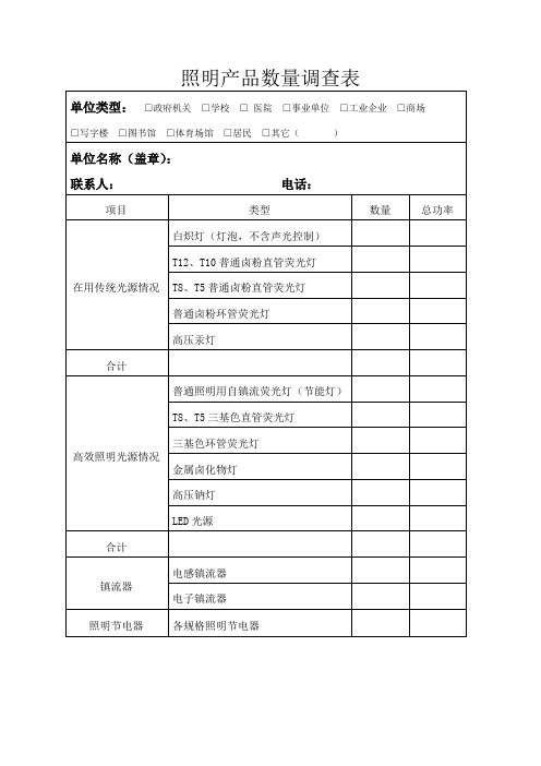 照明产品数量调查表