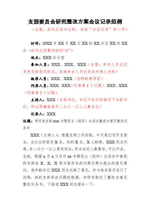 支部委员会研究整改方案会议记录范例