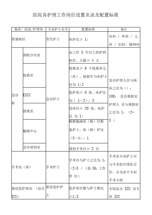 护理工作岗位设置名录及配置标准