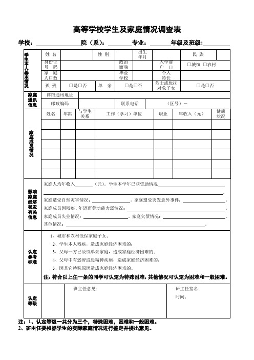 家庭情况调查表(困难学生调查)