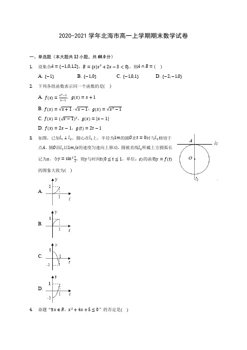 2020-2021学年北海市高一上学期期末数学试卷(附答案解析)