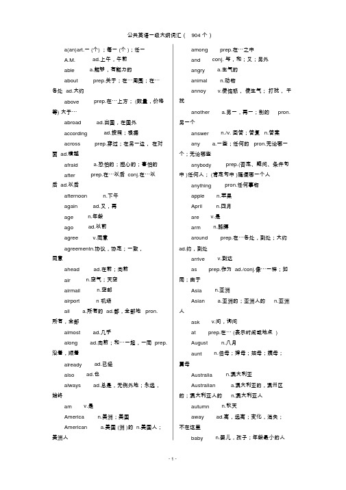公共英语一级大纲词汇(904个)