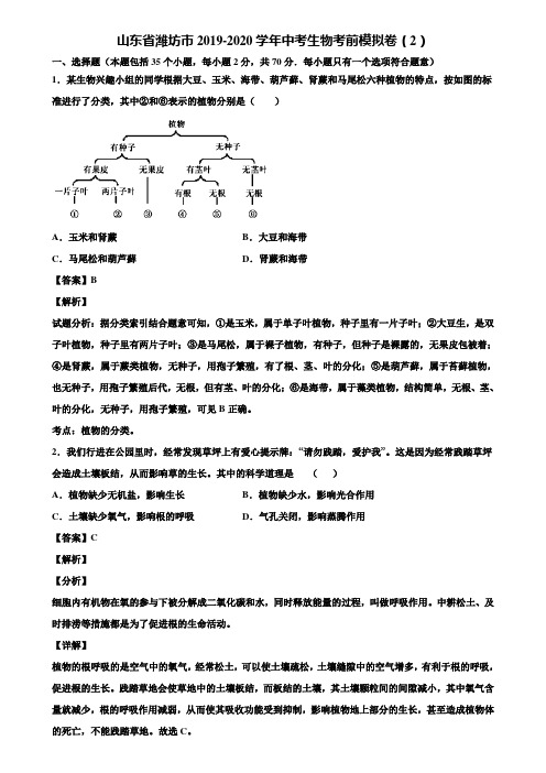 山东省潍坊市2019-2020学年中考生物考前模拟卷(2)含解析