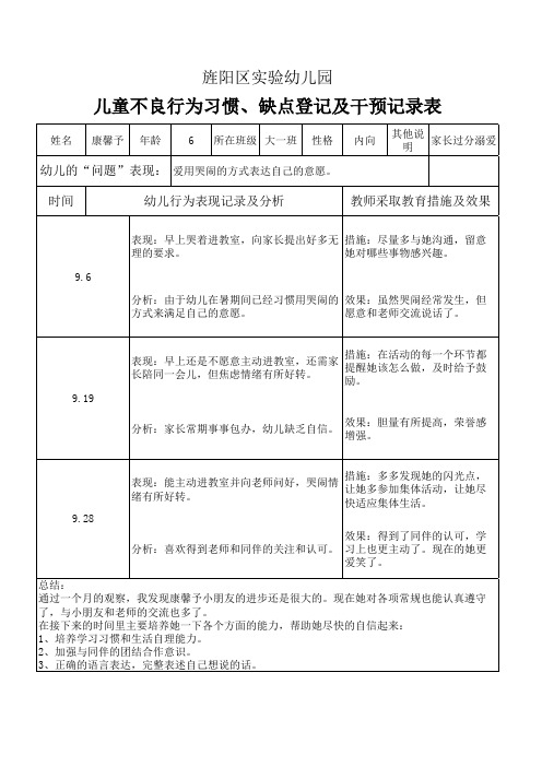 儿童不良行为习惯、缺点干预表