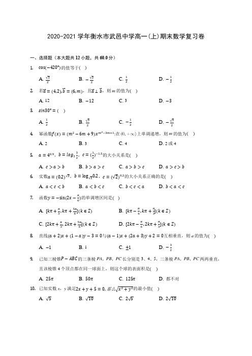 2020-2021学年衡水市武邑中学高一(上)期末数学复习卷 (解析版)