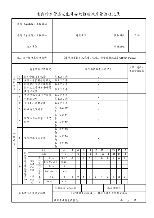 室内排水管道及配件安装检验批质量验收记录