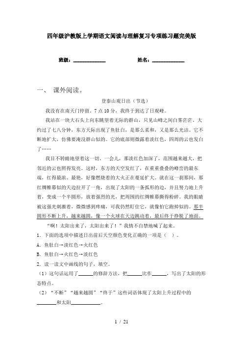 四年级沪教版上学期语文阅读与理解复习专项练习题完美版