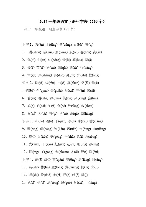2017一年级语文下册生字表(250个)