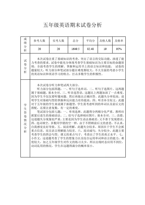 小学五年级英语下册期末试卷分析