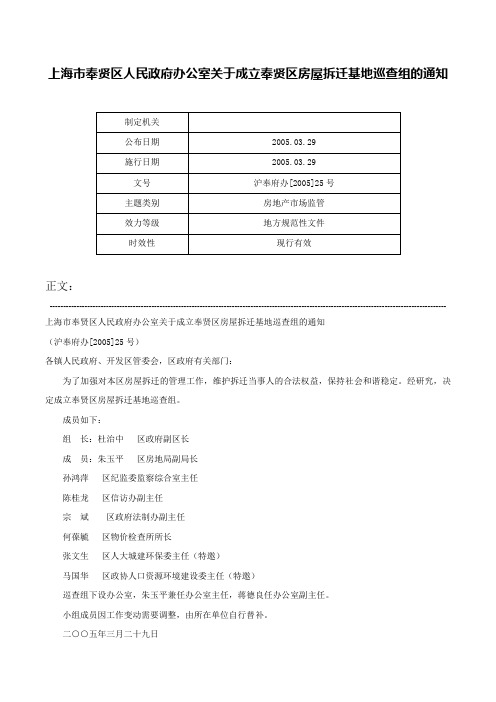 上海市奉贤区人民政府办公室关于成立奉贤区房屋拆迁基地巡查组的通知-沪奉府办[2005]25号