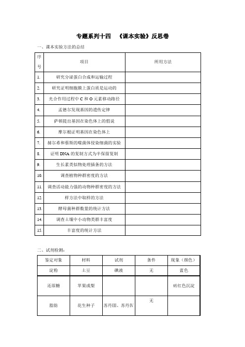 2016届高考生物二轮专题复习反思卷:专题十四《课本实验》(附答案)