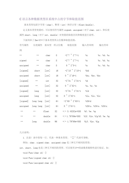 C语言数据类型及表示范围