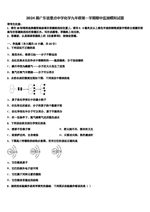 2024届广东省重点中学化学九年级第一学期期中监测模拟试题含解析