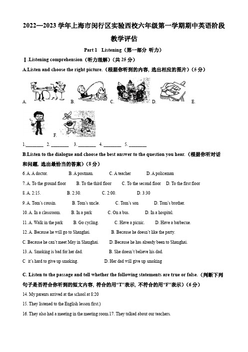 2022-2023学年上海市实验学校西校六年级上学期期中考试英语试卷含详解