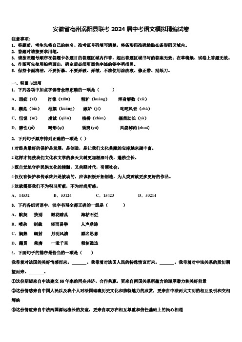 安徽省亳州涡阳县联考2024届中考语文模拟精编试卷含解析